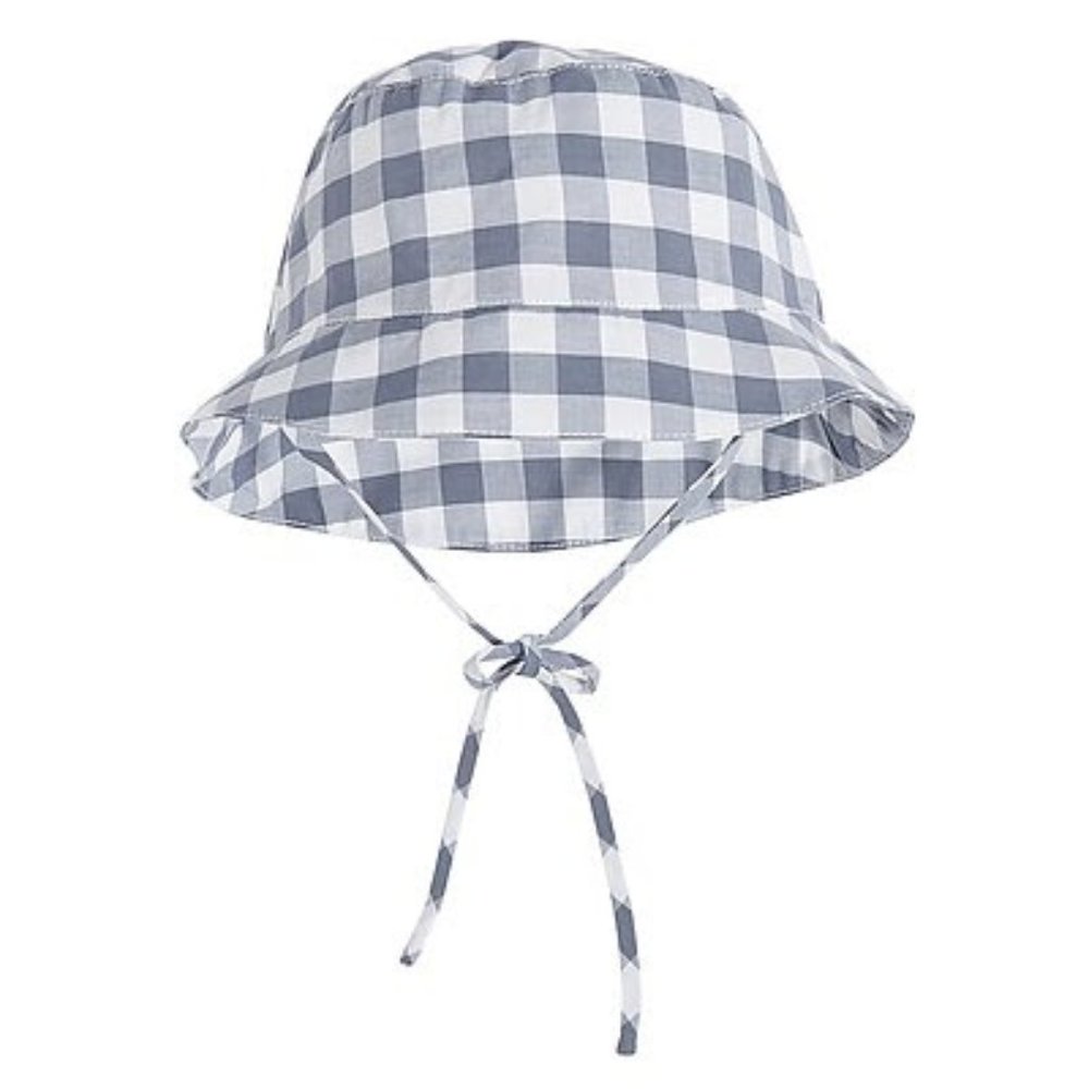 NEW jacadi Kid Baby Chapeau Cedric Gingham White Slate Bucket String Bow Knot